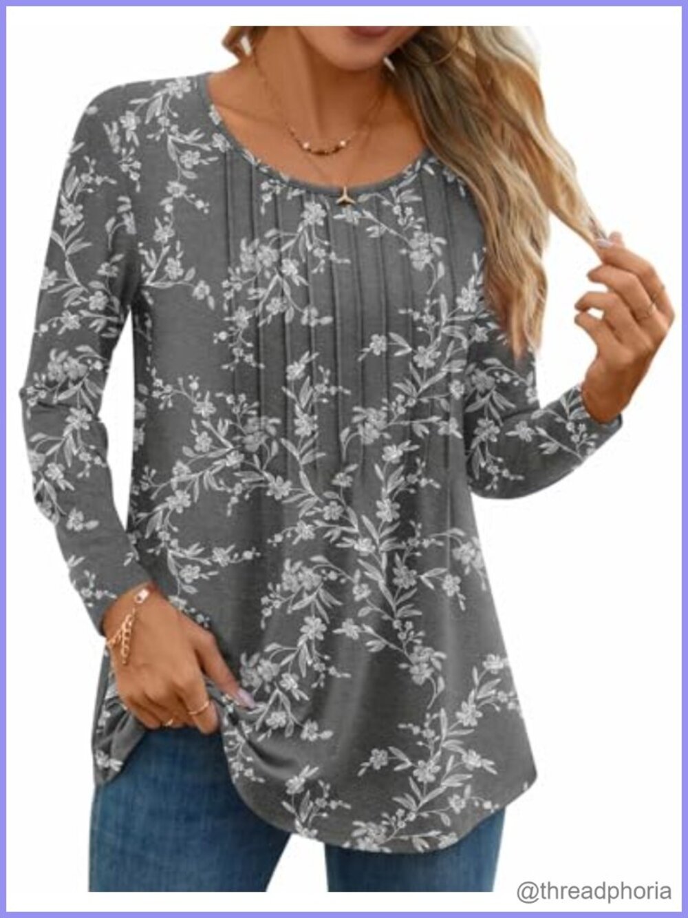 Women Long Sleeve Pleated Crew Neck Tunic Casual Dressy Blouse